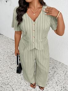 SHEIN Frenchy Plus Size Spring/Summer Casual Minimalist Versatile Striped 2 Pieces Suit Set, Women Blazer + Pants In Fall/Winter - Green - View 6