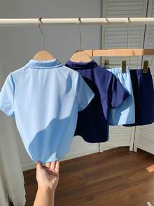 SHEIN 4pcs Kids Boys Casual Loose Turndown Collar Open Cardigan Shirt And Shorts Set, Tracksuit, Basic Top, Basic Bottom, Y2K Shorts, Suitable For Spring/Summer, Outings, Valentine's Day, Young Boy Clothes, Dates, Travel, Vacation, Family Gatherings, Back To School, Weddings, Formal Events, Sports, Birthday Parties - Multicolor - View 4