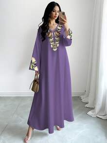 SHEIN Najma 女士碎花V领长袖连衣裙，优雅阿拉伯风格时尚服饰，春夏款 - 彩色 - 查看 3