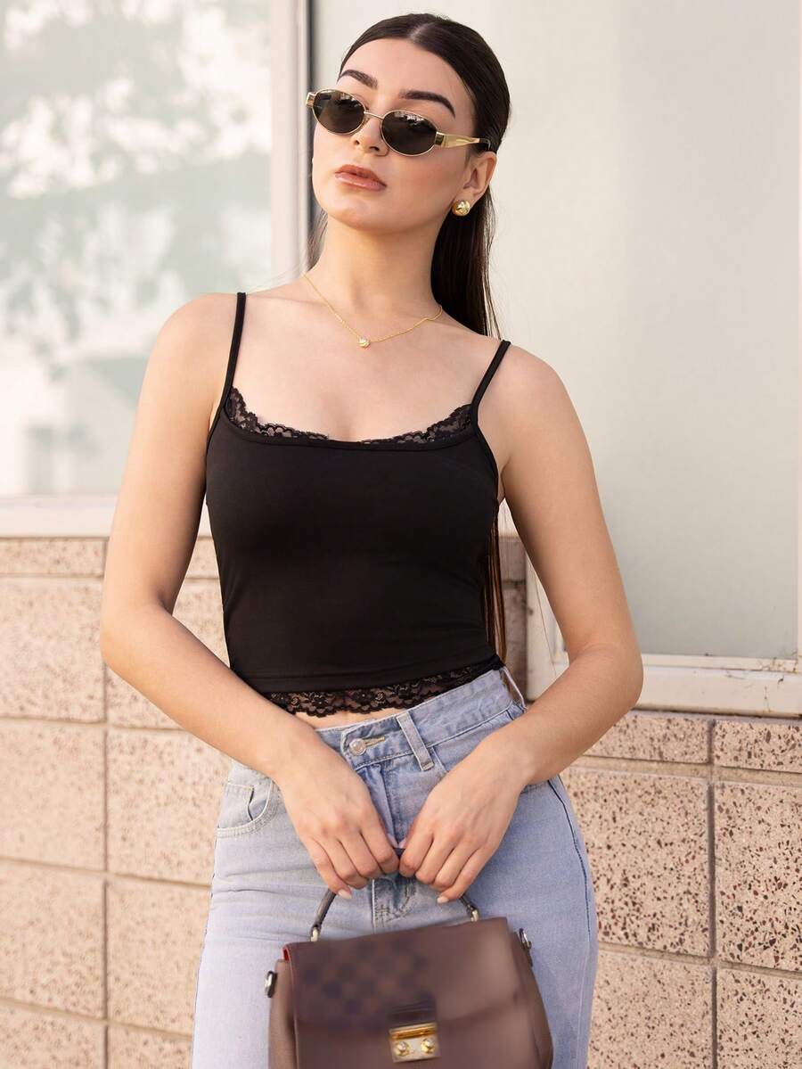 Andrea Bello Women's Casual Everyday Commute Simple Solid Color Contrast Lace Fitted Cropped Camisole Tank Top, Summer - Black - View 1