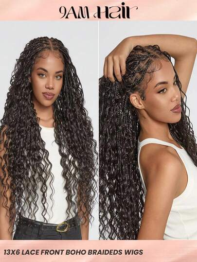 Boho Braided Water Wave Human Hair 180% Density 13x6 Bohemian Curly Ends Boho Braids Wig 10-30Inch Human Hair Wigs Curly Wave Pre Plucked Transparent Lace Natural Black Wigs