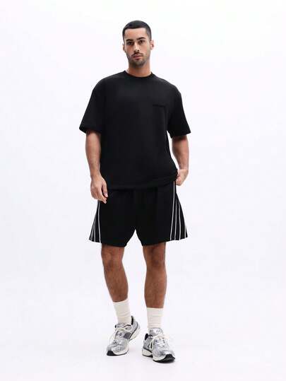 SUMWON Casual Washed Loose Fit Black Short Sleeve T-Shirt And Striped Piping Shorts Co-Ord Set For Summer Everyday Wear