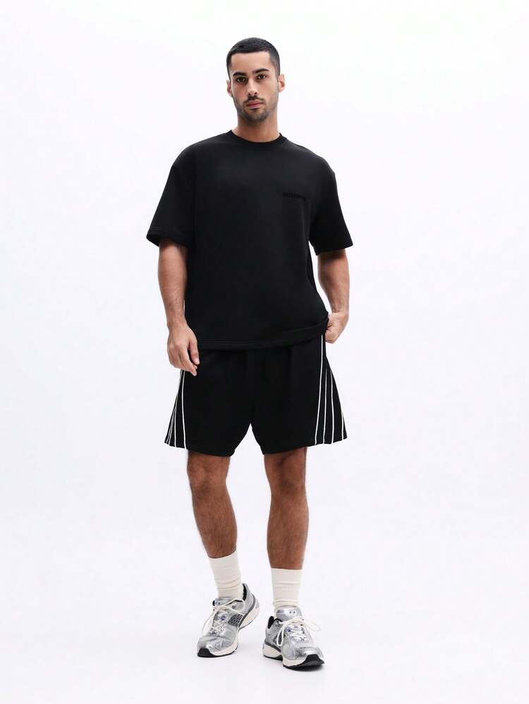Casual Washed Loose Fit Black Short Sleeve T-Shirt And Striped Piping Shorts Co-Ord Set For Summer Everyday Wear
