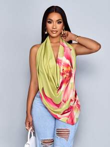 SOLERSUN Women's Casual Green Halter Neck Tank Top With Asymmetrical Hem And Floral Print - Green - View 7