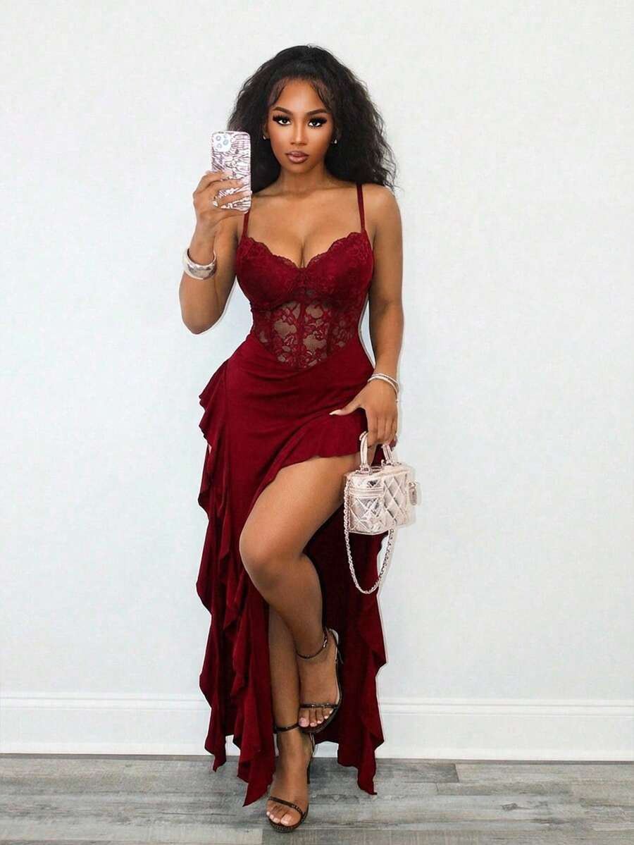 BamGleam Đầm hai dây ren xẻ cao gợi cảm thời trang dành cho nữ - Đỏ - Xem 1