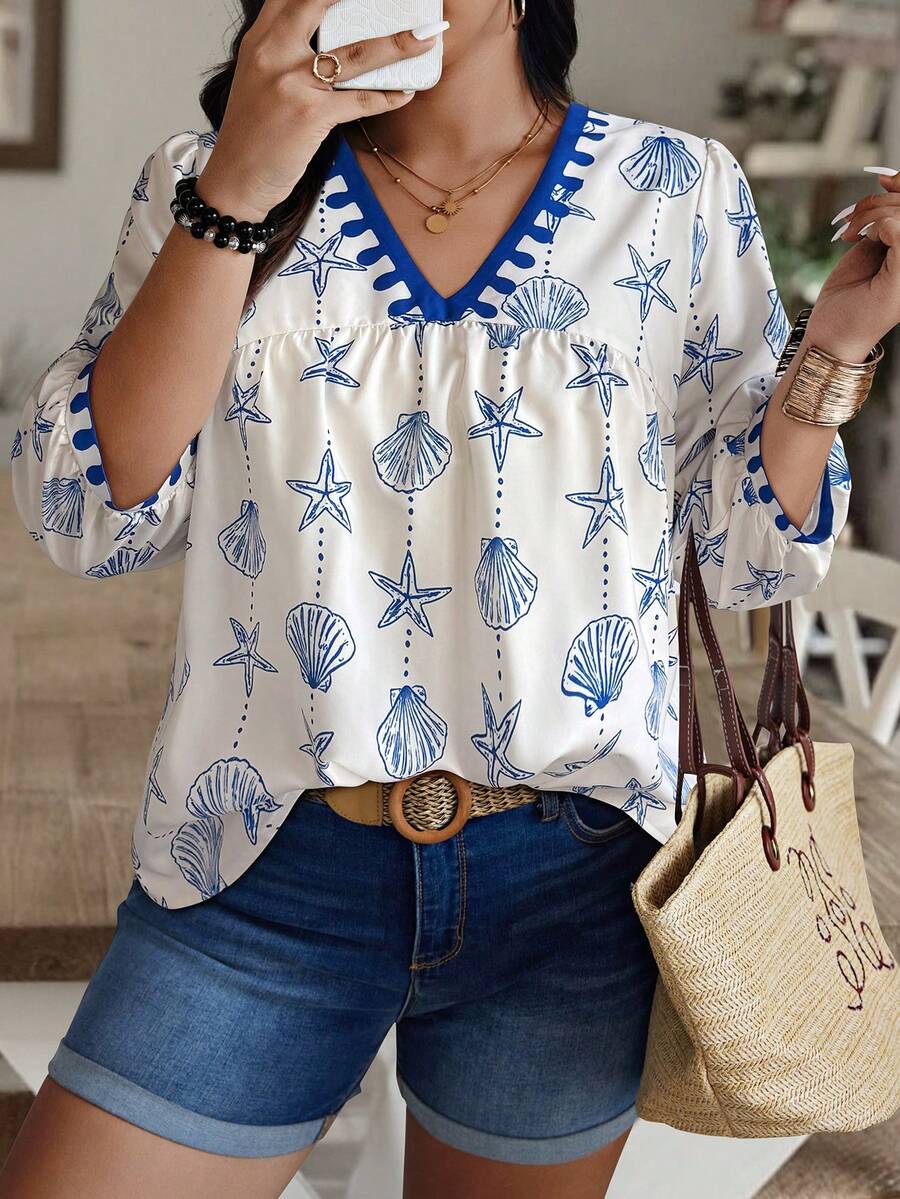 SHEIN LUNE Camisa de talla grande con estampado aleatorio - Multicolor - Ver 1
