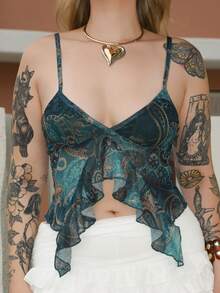 Arliah Women's Millennial Y2K Sexy Bohemian Retro Teal Paisley Print Asymmetrical Hem Ruffled V-Neck Slim Fit Camisole - Black - View 6