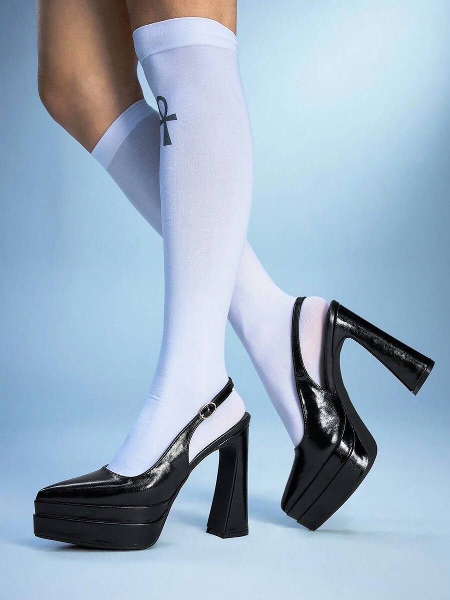 Sugerpunk 女士性感粗跟12厘米高跟凉鞋，PU材质，夏季日常百搭时尚尖头黑色厚底防水桌高跟鞋 - 黑色2 - 查看 1