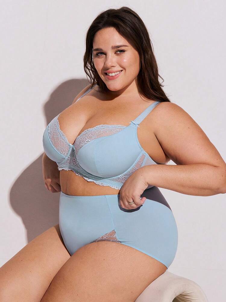 Plus  Woman Blue Lingerie Full Coverage Support&Breathable Underwire Sexy Unlined Sheer Minimizer Lace Bra