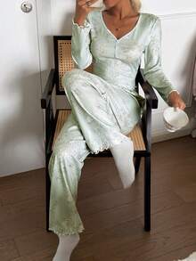 CottageSlumber Women V-Neck Button Floral Print Knit Long Sleeve Pajama Set - Multicolor - View 4