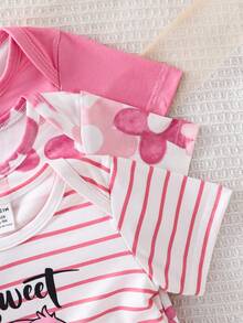 SHEIN 3pcs Baby Girls Cute Pink Rabbit Striped Floral Print Short Sleeve Romper, Suitable For Everyday Wear, Spring/Summer - Multicolor - View 5