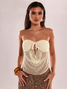 SHEIN BAE Women's Light Beige Summer Seksi Chic Beach Vacation Holiday Strapless Top,Solid Color Draped Sheer Twist Hollow Out Camisole Textured Birthday Party - White - View 5