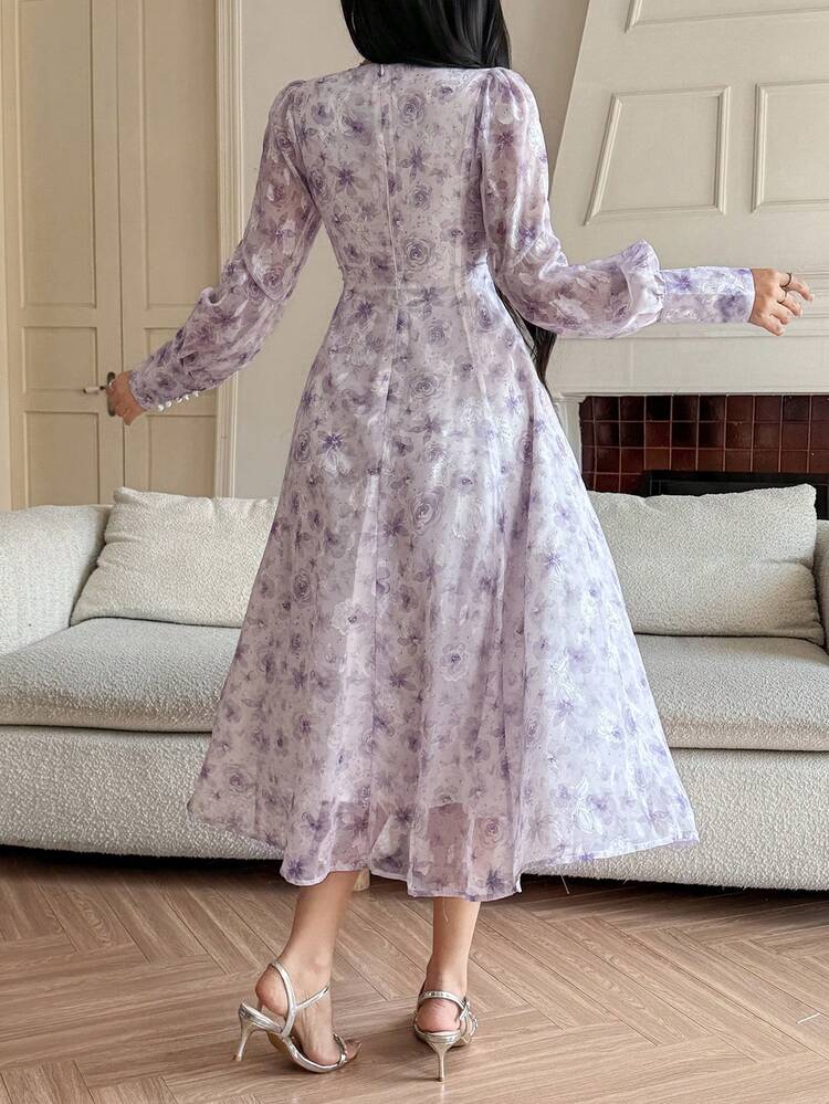Elegant French Style Purple Ditsy Floral Long Sleeve Dress For Petite Women Sundress Boho
