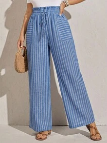 Zelara Plus Size Women's Valentine Striped Print Summer High Waist Loose Casual Pants With Pockets, Suitable For Fall And Autumn - Multicolor - View 14