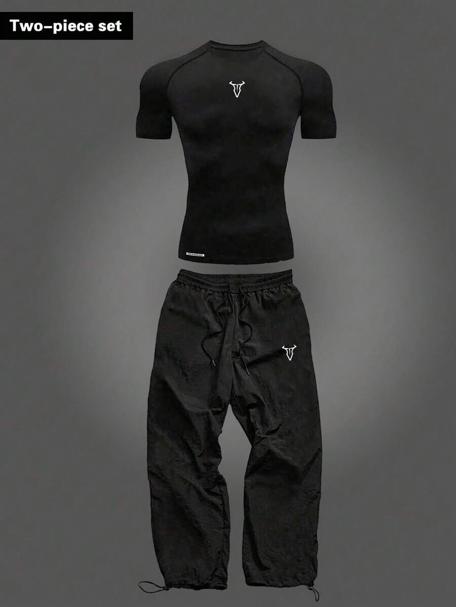 Manfinity Sport Corelite 男士印花休闲日常短袖上衣和裤子运动套装 - 黑色 - 查看 1