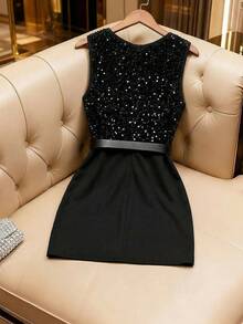 GlowEve Women's Elegant Sequin & Knitted Fabric Patchwork Ruched Bodycon V-Neck Dress, Slimming Fit,Going Out - Black - View 2