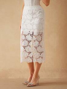 Silquee Elegant White Lace-Trimmed Midi Skirt For Women, Water-Soluble Lace,White Flower Pattern,Breathable Summer Beach Skirt,Autumn Party Wedding Guest - Beige - View 5