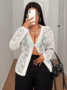 Franclia Women's White Knitted Cardigan,Silky Autumn Casual Everyday Hollowed-Out Crochet Sweater,Sweet Y2k Lapel Collar Long Sleeve Button Fitted Knit Top - White - View 5