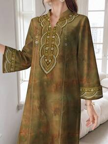 SHEIN Najma Women's Retro Floral Digital Retro Print Ochre Elegant Arabic Robe, Long Sleeve, Stand Collar, Spring/Summer - Multicolor - View 3