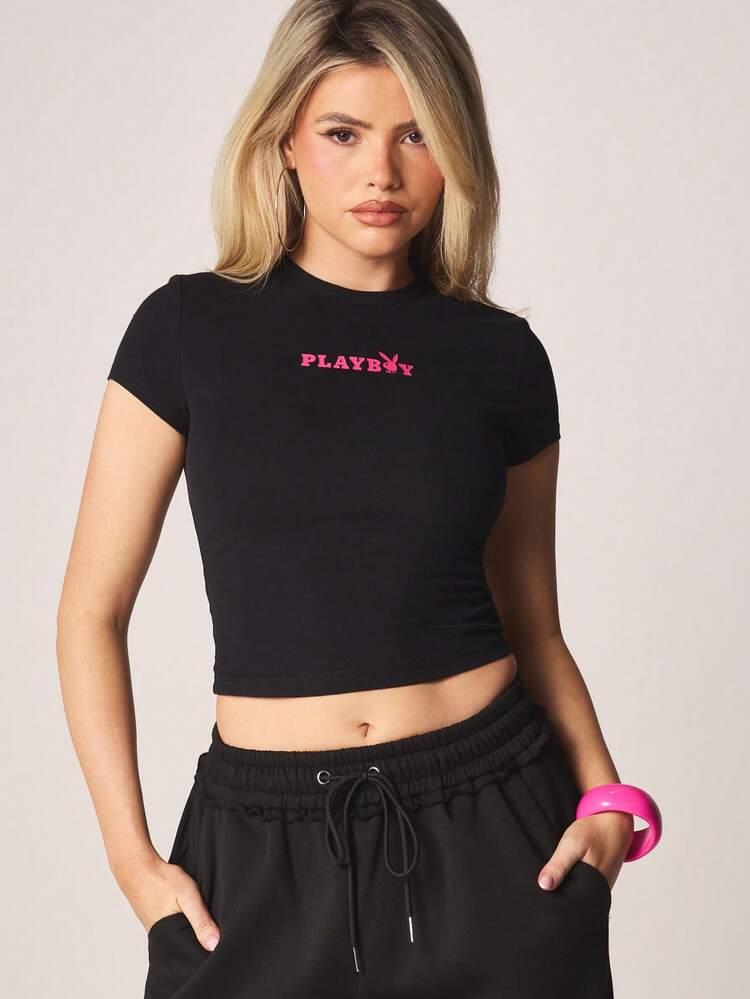 Missguided x Playboy 핑크 로고 프린트가 있는 크롭 반팔 크루넥 면 혼방 티셔츠