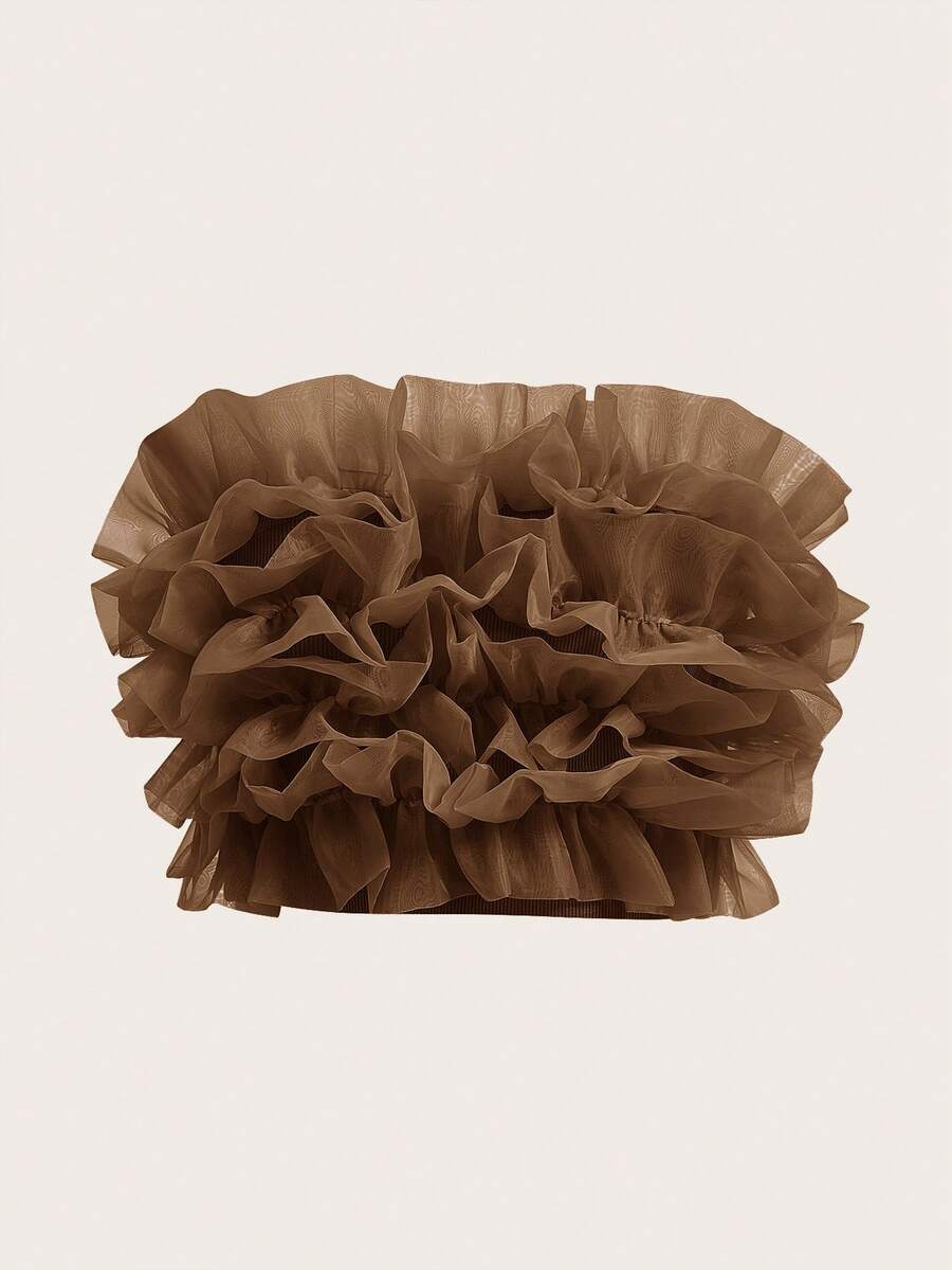 Revavyn Ruffle Trim Mesh Overlay Top Holiday Party Cute Funny - Coffee Brown - View 1