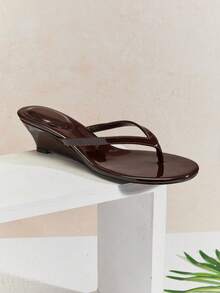 SHUZIA Women's Round Toe Thong Straps Wedge Slip-On Sandals - Chocolate Brown - View 6