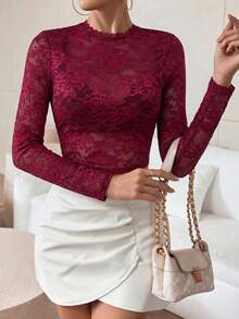 Firerie Women's Solid Color Stand Collar Raglan Sleeve Lace Fitted Cropped T-Shirt - Burgundy - View 5