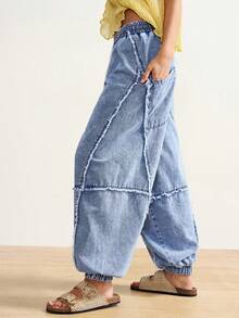 Bohemela 女士休闲日常通勤时尚街头风抽绳腰带毛边宽松锥形裤腿牛仔裤 - 淺色水洗藍 - 查看 5