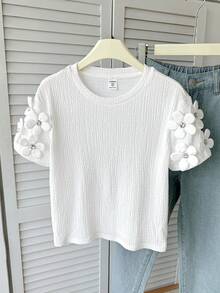 SHEIN Camiseta de manga corta para niña preadolescente, primavera/verano, casual elegante, con decoración de flores 3D de strass, cuello redondo, ajustada, de punto acanalado texturizado, KIDS - Blanco - Ver 4
