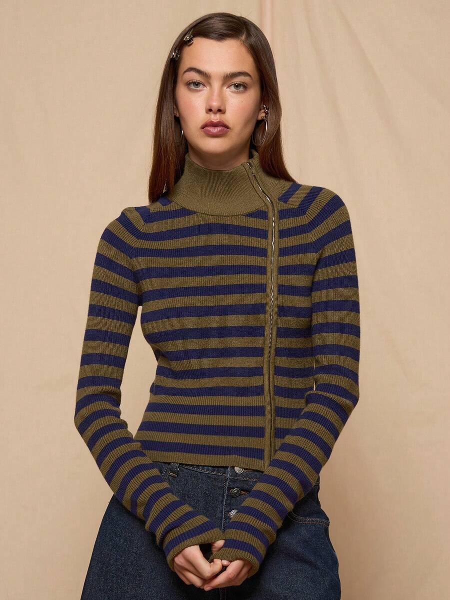 COUREZ 条纹高领拉链针织开衫上衣 / Y2K 春季女装街头风可爱外出穿搭休闲针织派对狂欢针织开衫夏季长裤夏季穿搭漏斗领针织衫 - 藍色 - 查看 1