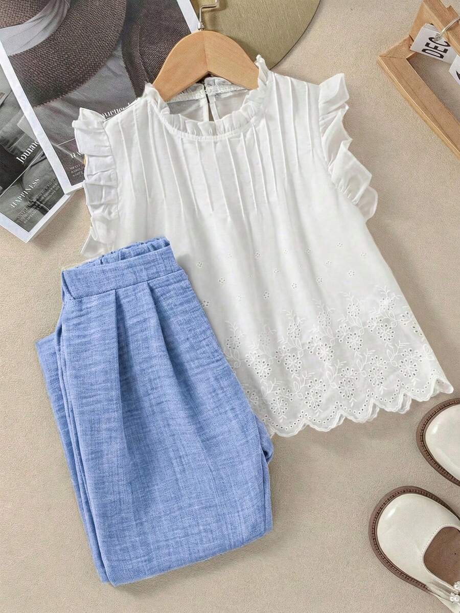 2pcs Tween Girls Solid Color Lace Patchwork Sleeveless Top And Pants Set
