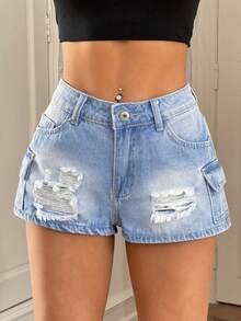 Rivivi 女士休闲百搭日常牛仔短裤，带口袋和做旧设计 - 淺色水洗藍 - 查看 4