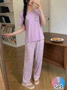 女童碎花针织短袖上衣和裤子休闲家居服套装，春夏款 - 淡紫色 - 查看 6