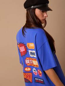 SURIMA 女士宽松蓝色印花短袖落肩T恤，夏季 - 藍色 - 查看 3