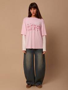 SURIMA 女士夏季休闲字母印花圆领T恤 - 粉色 - 查看 2