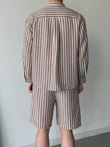 DAZY 男士条纹单排扣长袖衬衫上衣和短裤夏季休闲套装 - 彩色 - 查看 2