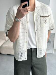 DAZY 男士针织毛衣，镂空设计，撞色领口，刺绣图案，夏季款 - 杏色 - 查看 6