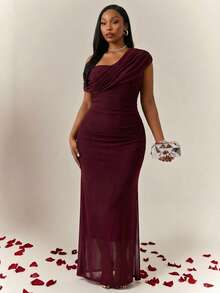 Radiana 大码女式性感优雅低调复古闪亮不对称露肩垂褶无袖褶皱紧身连衣裙，春夏情人节穿搭酒红色连衣裙露肩连衣裙优雅优雅连衣裙酒红色伴娘礼服 - 酒紅色 - 查看 7