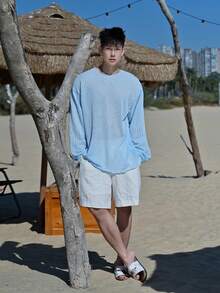 DAZY 男士蓝色镂空圆领长袖T恤，春夏款 - 藍色 - 查看 6