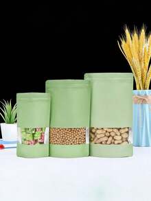 100Pcs Stand Up Pouch Frosted Window Zip Lock Bag Reusable Food Sub-Packaging Bags Cookie Candy Coffee Storage Bag Valentine's Day - Lime Green - View 2