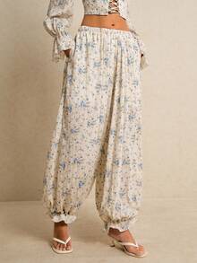 Poéselle 女士弹力腰带印花休闲百搭日常裤 - 淺藍色 - 查看 5