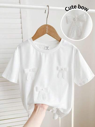 SHEIN Baby Girl Cute 3D Bow White T-Shirt, Casual And Versatile For Any Occasion