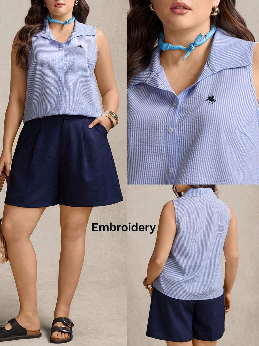 Zelara 大码休闲百搭刺绣无袖衬衫背心嘉年华套装沙滩休闲情人节工作服女装夏季蓝色两件套女装短款套装女士短款套装学院风女装夏季上衣 - 藍色 - 查看 1