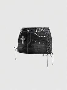 ROMWE Grunge Punk Y2K辣妹風女款細肩帶鉚釘裝飾交叉牛仔裙 - 灰色 - 查看 1