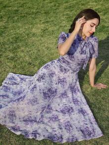 Modelyn Đầm nữ thanh lịch in hoa, cổ xoắn, eo nhún, thích hợp cho mùa hè. - Màu tím - Xem 7