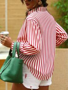 INAWLY Women's Dropped Shoulder Long Sleeve Loose Striped Front Button Casual Versatile Shirt - Multicolor - View 2