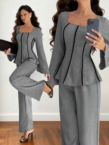 Siren Gaze Conjunto elegante para mujer con top de manga larga de cuello cuadrado en bloque de color y pantalones de unicolor, nueva llegada de otoño - Gris - Ver 7