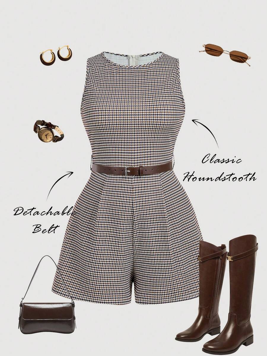 SHEIN MOD Bộ áo liền quần hai dây màu đen kiểu vintage thập niên 70 dành cho nữ cỡ lớn, kèm thắt lưng - Hoàn hảo cho phong cách quý tộc cổ điển, trang phục đi làm, phong cách sinh viên, trang phục thường ngày, trang phục miền Tây, trang phục công sở và trang phục sân bay. Áo liền quần nữ có thắt lưng, áo liền quần không tay họa tiết răng cưa, áo liền quần họa tiết răng cưa kiểu preppy, trang phục làm việc tại nhà, trang phục đi sở thú, quần áo công sở cho nữ, trang phục du thuyền cho nữ, trang phục công sở cho nữ, mùa hè, lễ hội, bãi biển, đám cưới, kỳ nghỉ. - màu nâu - Xem 1