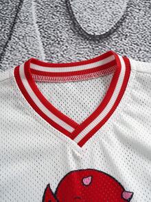 SHEIN HOT STUFF Young Boy's Casual Sports V-Neck Short Sleeve T-Shirt With Letter & Cartoon Print, Summer - White - View 3