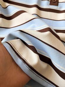 Muvela 咖啡色和蓝色条纹图案修身Polo领T恤，优雅两件套，适合多种场合：复古、学术、办公、正式、休闲、浪漫、90年代复古、派对、婚礼、日常穿着 - 彩色 - 查看 8